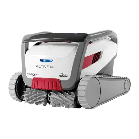 Dolphin Active X6 Robotic Pool Cleaner – Maytronics – M600 Dolphin Active X6 Robotic Pool Cleaner is the ultimate solution for pristine pools up to 15 meters. This advanced pool cleaner harnesses CleverClean scanning and gyro navigation for thorough cleaning of pool floors, walls and waterlines. Its PowerStream dual drive system ensures flawless maneuverability, reaching every corner. Use the MyDolphin Plus app for effortless control and monitoring, even remotely. Equipped with a large, multi layer filter basket and powerful scrubbing brushes, the Active X6 captures debris and eliminates algae with ease. Featuring a durable 3 year warranty and convenient caddy, this cleaner sets the standard for superior pool care at Pool Shop Gold Coast.