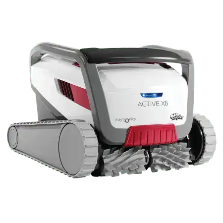 Dolphin Active X6 Robotic Pool Cleaner – Maytronics – M600 Dolphin Active X6 Robotic Pool Cleaner is the ultimate solution for pristine pools up to 15 meters. This advanced pool cleaner harnesses CleverClean scanning and gyro navigation for thorough cleaning of pool floors, walls and waterlines. Its PowerStream dual drive system ensures flawless maneuverability, reaching every corner. Use the MyDolphin Plus app for effortless control and monitoring, even remotely. Equipped with a large, multi layer filter basket and powerful scrubbing brushes, the Active X6 captures debris and eliminates algae with ease. Featuring a durable 3 year warranty and convenient caddy, this cleaner sets the standard for superior pool care at Pool Shop Gold Coast.