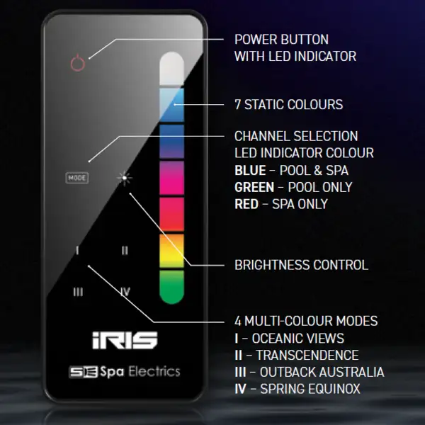Spa Electrics iRIS RM-3 Multi Plus Remote Control for Pool & Spa Lights Take complete control of your pool and spa lighting with the Spa Electrics iRIS RM-3 Multi Plus Remote Control. Designed for Spa Electrics Multi Plus LED lights, this advanced RF remote allows you to create the perfect ambiance with precise control over colour, brightness and dynamic lighting effects.
With its user friendly handset, you can easily select from 7 static colours and 4 multi colour modes, including stunning sequences like Oceanic Views and Spring Equinox. The iRIS RM-3 also offers dual channel operation, enabling independent control of pool and spa lights or synchronised displays for a cohesive effect.
The RM-3 provides long range operation up to 50 meters and features a durable, capacitive touch screen handset. Ideal for both poo light replacements and new installations, it ensures a seamless plug and play setup. Enhance your pool and spa experience with this premium, Australian designed pool lighting controller.