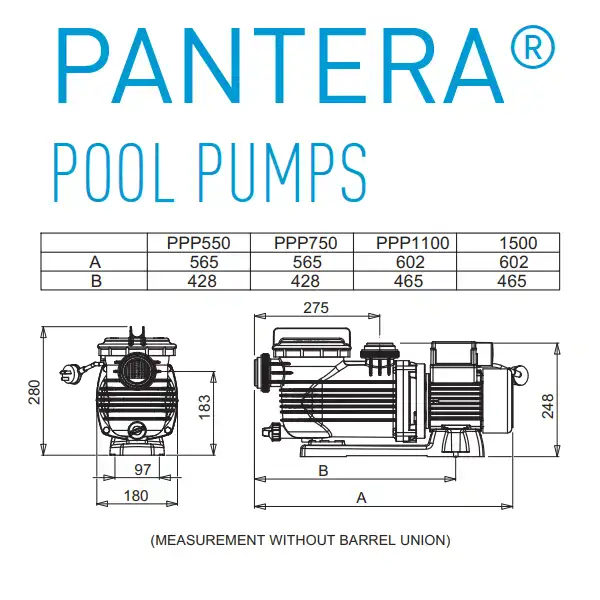 Onga Pantera Pool Pump 0.75HP Model: PPP-550 The Onga Pantera 0.75HP Pool Pump (Model PPP-550) delivers reliable performance with advanced motor protection and energy efficiency. Featuring five levels of corrosion resistance, it is designed for long lasting durability in all pool environments. Its robust construction includes a 316 stainless steel motor shaft, heavy duty mechanical seals and a molded end shield with a lip seal for enhanced water ingress protection. The pump's elevated motor foot prevents moisture damage, while self aligning barrel unions ensure easy installation and maintenance. With a large lint and hair pot for improved filtration and a user friendly see through lid, this pump is ideal for maintaining a clean and efficient pool system. Designed to meet the demands of residential pools, the Pantera 0.75HP Pool Pump offers excellent value and peace of mind with its proven performance and high quality engineering.