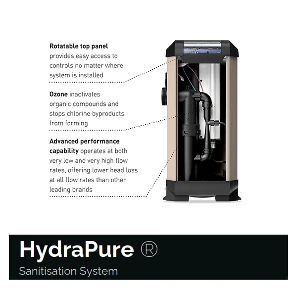 HydraPure – UV & Ozone Pool Water Sanitisation System Pureswim The Pureswim HydraPure UV & Ozone Sanitisation System is a powerful all-in-one Advanced Oxidation Process (AOP) unit designed for residential pools up to 270,000 litres. Combining UV, ozone and hydroxyl radicals, HydraPure works alongside your chlorine or salt chlorinator to reduce chloramines, improve water clarity and deliver high-level sanitisation at flow rates up to 360 litres per minute.
