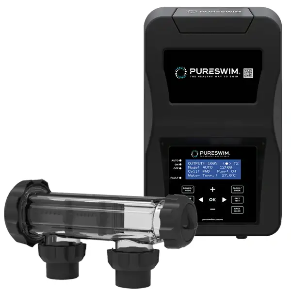 PureSwim PCH25 Salt & Mineral Chlorinator 50,000L The PureSwim PCH25 Salt & Mineral Chlorinator is designed for residential swimming pools up to 50,000 litres, delivering consistent and efficient chlorine production for reliable water sanitation. With an output of 25 grams of chlorine per hour, the PCH25 maintains clean, clear water using standard salt levels while minimising ongoing maintenance.
Featuring a self-cleaning titanium cell and a clear backlit LCD control panel, this system allows simple adjustment of chlorine output and timer settings. Built-in safety monitoring protects against adverse operating conditions, while the slim modern power pack and flexible installation options make it suitable for both new and existing pool systems. The PureSwim PCH25 is backed by a 4-year warranty or 10,000 operating hours for long-term peace of mind.