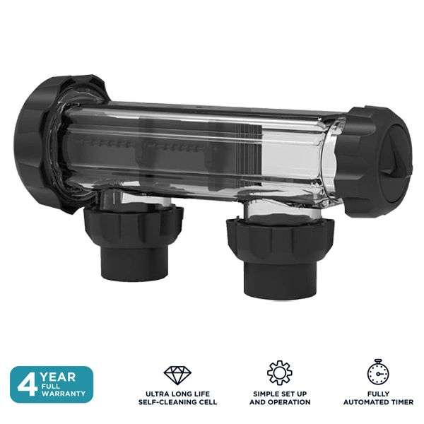 PureSwim PCH25 Salt & Mineral Chlorinator 50,000L The PureSwim PCH25 Salt & Mineral Chlorinator is designed for residential swimming pools up to 50,000 litres, delivering consistent and efficient chlorine production for reliable water sanitation. With an output of 25 grams of chlorine per hour, the PCH25 maintains clean, clear water using standard salt levels while minimising ongoing maintenance.
Featuring a self-cleaning titanium cell and a clear backlit LCD control panel, this system allows simple adjustment of chlorine output and timer settings. Built-in safety monitoring protects against adverse operating conditions, while the slim modern power pack and flexible installation options make it suitable for both new and existing pool systems. The PureSwim PCH25 is backed by a 4-year warranty or 10,000 operating hours for long-term peace of mind.