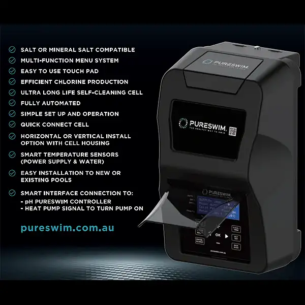 PureSwim PCH25 Salt & Mineral Chlorinator 50,000L The PureSwim PCH25 Salt & Mineral Chlorinator is designed for residential swimming pools up to 50,000 litres, delivering consistent and efficient chlorine production for reliable water sanitation. With an output of 25 grams of chlorine per hour, the PCH25 maintains clean, clear water using standard salt levels while minimising ongoing maintenance.
Featuring a self-cleaning titanium cell and a clear backlit LCD control panel, this system allows simple adjustment of chlorine output and timer settings. Built-in safety monitoring protects against adverse operating conditions, while the slim modern power pack and flexible installation options make it suitable for both new and existing pool systems. The PureSwim PCH25 is backed by a 4-year warranty or 10,000 operating hours for long-term peace of mind.