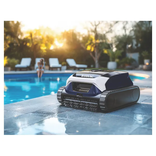 Zodiac FreeRider FR350iQ Cordless Robotic Pool Cleaner Zodiac FreeRider FR350iQ Cordless Pool Cleaner delivers fully cordless robotic cleaning for in ground pools up to 15 x 5 metres. It cleans the pool floor, walls and waterline using smart S pattern navigation, active front and rear brushes and advanced sensors for efficient coverage. The lithium ion battery provides up to 3 hours of cleaning from a full charge and recharges in less than 4 hours. Five cleaning modes include floor, walls, floor and walls, waterline and app controlled multi day cleaning. A 4 litre top access filter canister uses 180 micron filtration with an optional 3 micron ultra fine filter for finer debris. App connectivity provides cycle selection, end of cycle notifications and automatic software updates.