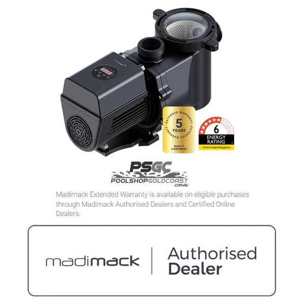 Madimack InverFLOW Plus 1.5HP Variable Speed Pool Pump Madimack InverFLOW Plus 1.5HP Variable Speed Pool Pump combines efficient inverter control, quiet operation and smart scheduling for dependable residential pool circulation. InverMAC technology provides adjustable output from 30% to 100% so pump performance can be matched to filtration, skimming and higher flow requirements. The 1.5HP model delivers up to 425 litres per minute with a maximum head of 18 metres. Built in WiFi provides app control, scheduling and power monitoring while Skimmer Mode helps improve surface circulation and debris collection. Its compact 544 × 252 × 288 mm design and 40 mm and 50 mm connections make it suitable for many retrofit installations. Eligible purchases through a Madimack Authorised Dealer are supported by Madimack’s 5 year extended warranty.
