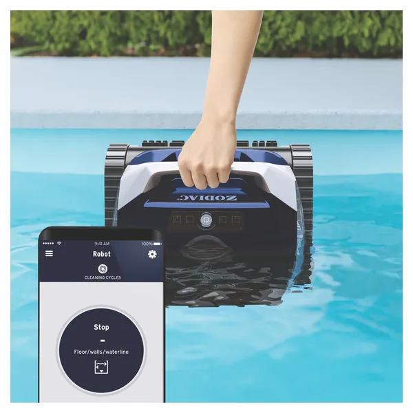 Zodiac FreeRider FR350iQ Cordless Robotic Pool Cleaner Zodiac FreeRider FR350iQ Cordless Pool Cleaner delivers fully cordless robotic cleaning for in ground pools up to 15 x 5 metres. It cleans the pool floor, walls and waterline using smart S pattern navigation, active front and rear brushes and advanced sensors for efficient coverage. The lithium ion battery provides up to 3 hours of cleaning from a full charge and recharges in less than 4 hours. Five cleaning modes include floor, walls, floor and walls, waterline and app controlled multi day cleaning. A 4 litre top access filter canister uses 180 micron filtration with an optional 3 micron ultra fine filter for finer debris. App connectivity provides cycle selection, end of cycle notifications and automatic software updates.