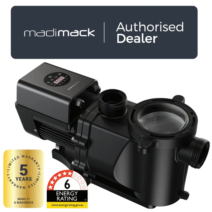 Madimack InverFLOW Plus 1.5HP Variable Speed Pool Pump Madimack InverFLOW Plus 1.5HP Variable Speed Pool Pump combines efficient inverter control, quiet operation and smart scheduling for dependable residential pool circulation. InverMAC technology provides adjustable output from 30% to 100% so pump performance can be matched to filtration, skimming and higher flow requirements. The 1.5HP model delivers up to 425 litres per minute with a maximum head of 18 metres. Built in WiFi provides app control, scheduling and power monitoring while Skimmer Mode helps improve surface circulation and debris collection. Its compact 544 × 252 × 288 mm design and 40 mm and 50 mm connections make it suitable for many retrofit installations. Eligible purchases through a Madimack Authorised Dealer are supported by Madimack’s 5 year extended warranty.